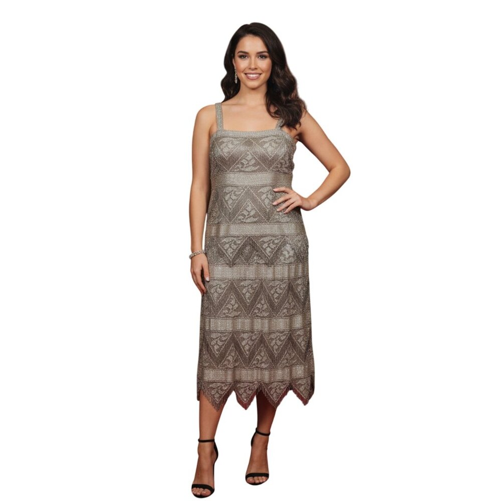 Vintage Damianou Size S‎ Metallic Lace Scalloped Hem Flapper Dress Great Gatsby